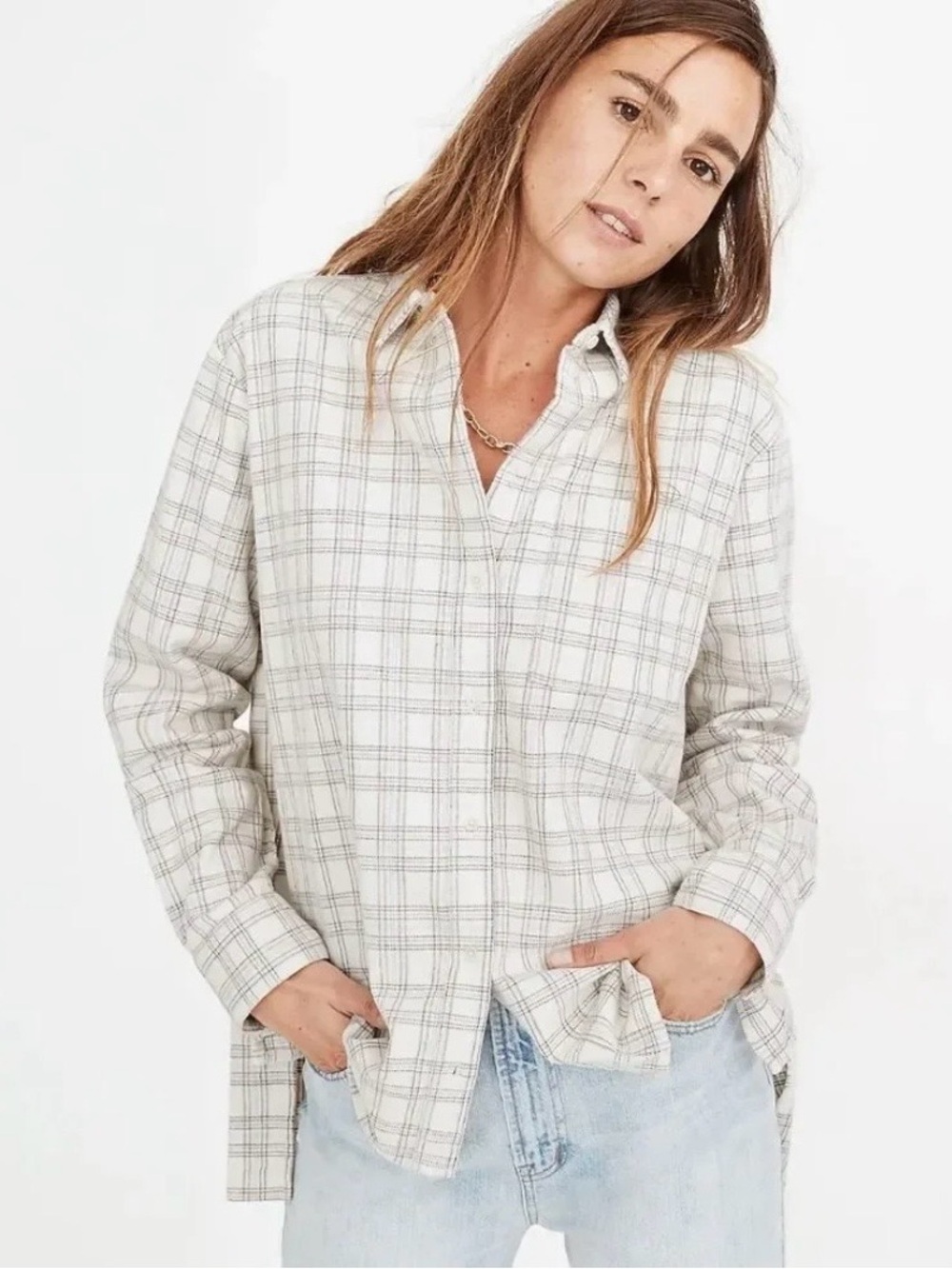Madewell Ivory Plaid Textured Button-Down Shirt